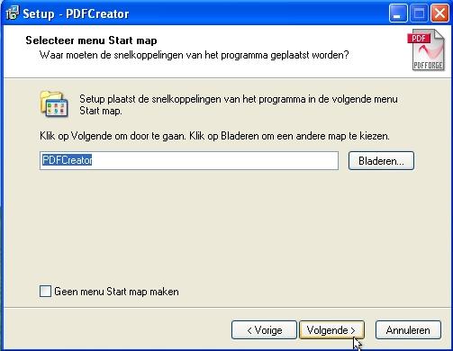 PDF Creator start menu installatie.