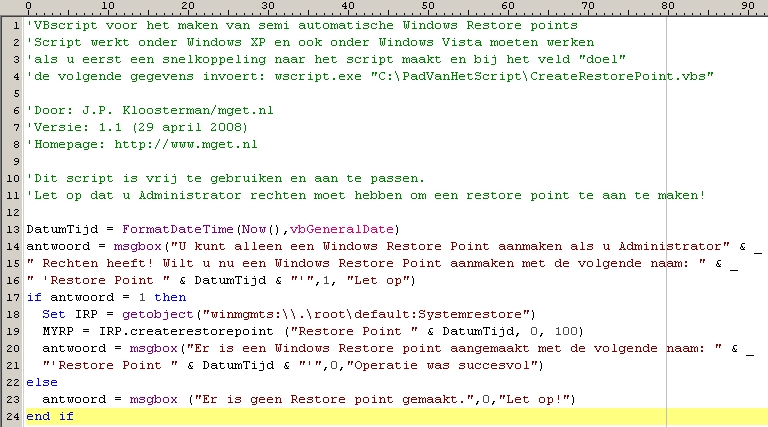 Het Create Restore Point Script.