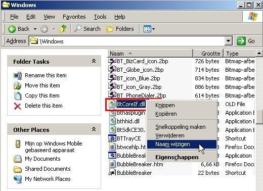 Wijzig de naam van btcoreif.dll naar bijvoorbeeld btcoreif.dll.old