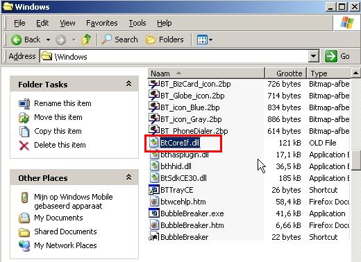Zoek het bestand btcoreif.dll in de Windows map van uw PDA.