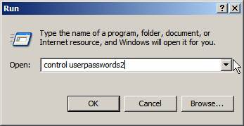 Via control userpasswords2 roept u het user accounts scherm op.