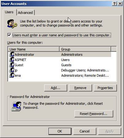Vink de checkbox User must enter a user name and password to use this computer uit