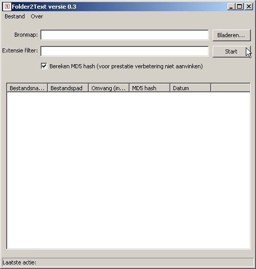 Het start scherm van folder2text