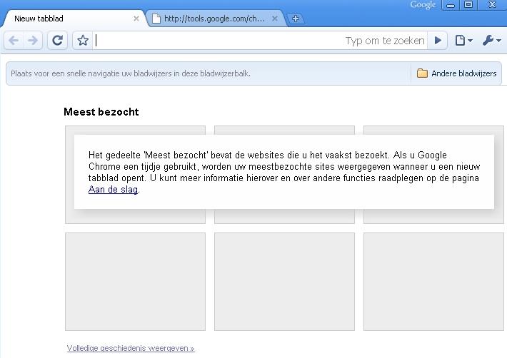 Het startscherm van de webbrowser Chrome