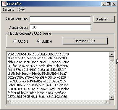Een voorbeeld van Guid4File en 100 guids UUID versie 4.