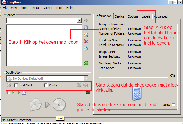 screenshot van imgburn opties scherm voor het maken van video dvd's.