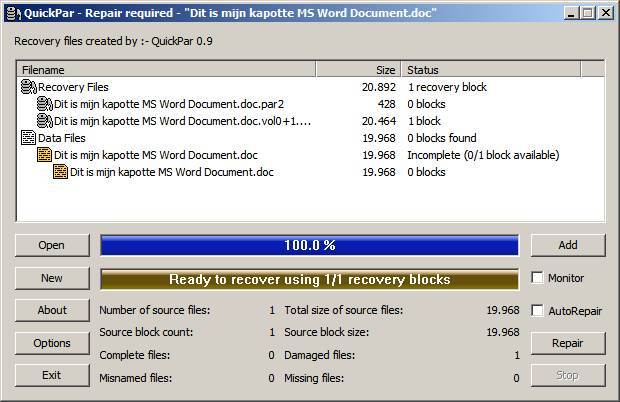 Quickpar geeft aan dat het aangepaste bestand gerepareerd kan worden. 