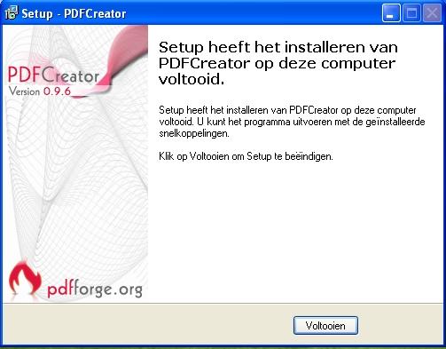 PDF Creator installatie procedure is afgerond.