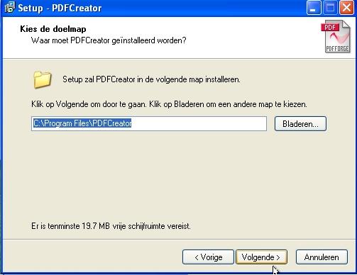 PDF Creator de installatie map opgeven.