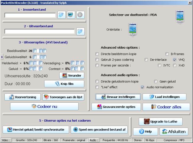 Het hoofdscherm van PocketDivxEncoder, hier kunt u nog enkele wijzigingen doen m.b.t. de kwaliteit van beeld en geluid.