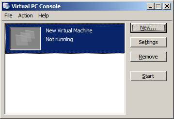 Het startscherm van Virtual PC 2004. Klik op de knop Settings om de instellingen te wijzigen. 