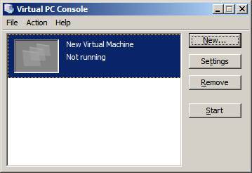 Het startscherm van Virtual PC 2004. Klik op de knop Settings om de instellingen te wijzigen.